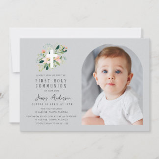 Grey photo arch first holy communion invitation