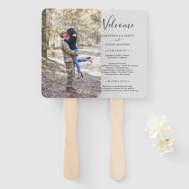 Grey Photo Classic Custom Wedding Program Hand Fan (Front and Back)