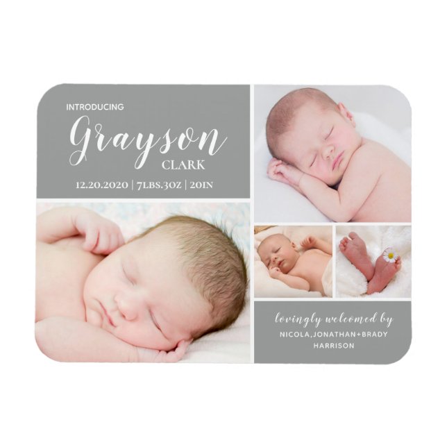 Grey Photo Collage Baby Birth Announcement  Magnet (Horizontal)