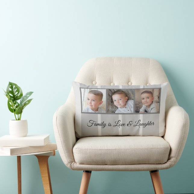 Grey photo collage family striped lumbar cushion (Chair)