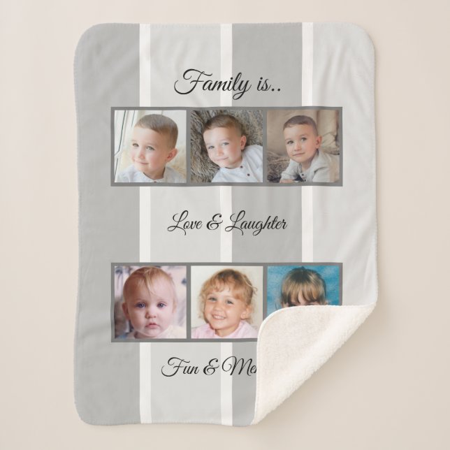 Grey photo collage family striped sherpa blanket (Front)
