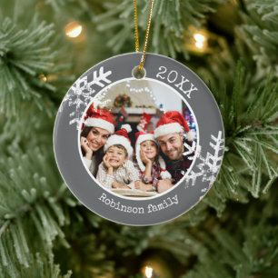 Grey Photo Family Christmas Snowflake Ceramic Tree Decoration