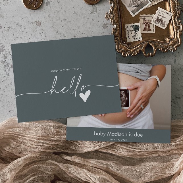  Grey Photo Hello Baby Announcement Card (Creator Uploaded)