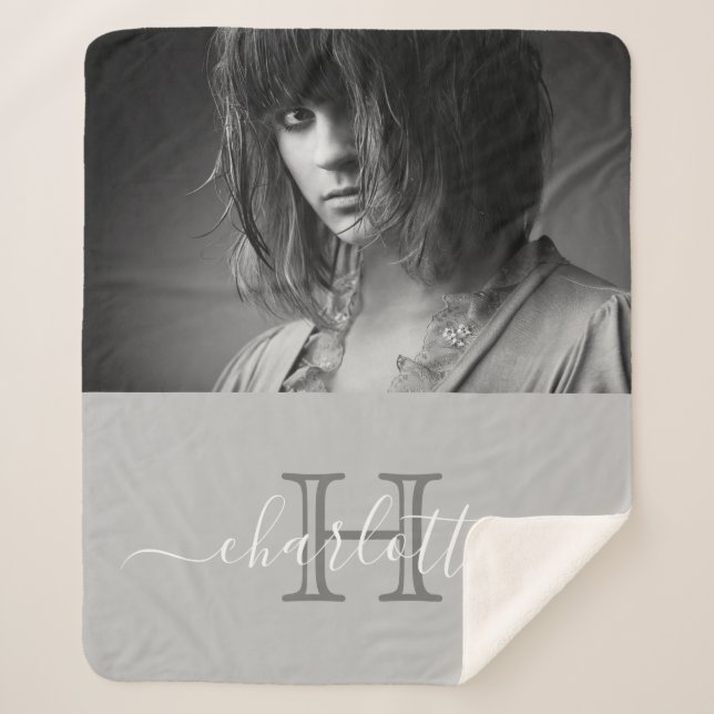 Grey photo name modern script sherpa blanket (Front)