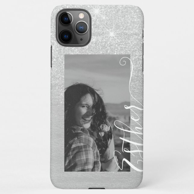 Grey Photo Template Calligraphy Hand Lettered Name iPhone Case (Back)