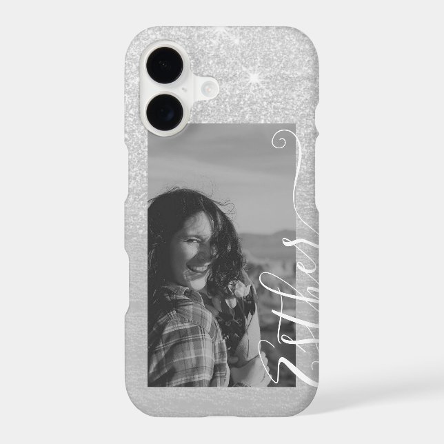 Grey Photo Template Calligraphy Hand Lettered Name iPhone Case (Back)