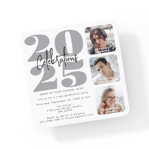 Grey Photo Triple Graduation Invitation
