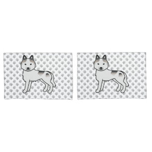 Grey Piebald Siberian Husky Cartoon Dog And Paws Pillowcase