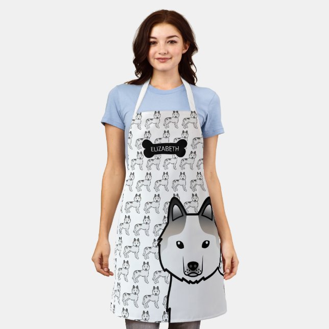 Grey Piebald Siberian Husky Cartoon Dog & Name Apron (Worn)