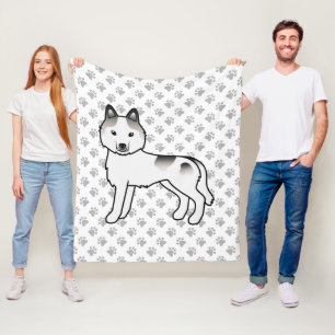 Grey Piebald Siberian Husky Cartoon Dog & Paws Fleece Blanket