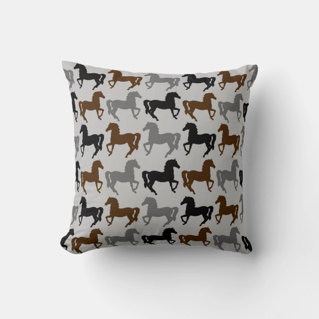 Grey Pillow: Black, Grey, Brown Horses Silhouettes Cushion (Front)