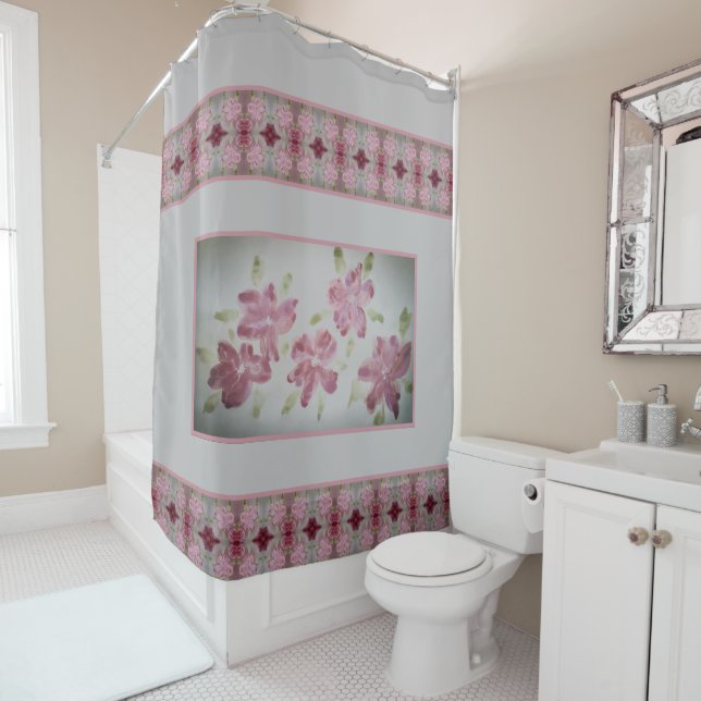 Grey Pink and Burgundy Elegant Shower Curtain (In Situ)