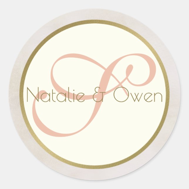 Grey Pink and Gold Monogram Classic Round Sticker (Front)