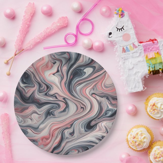 Grey, Pink, and White Liquid Marble Paper Plates (Party)