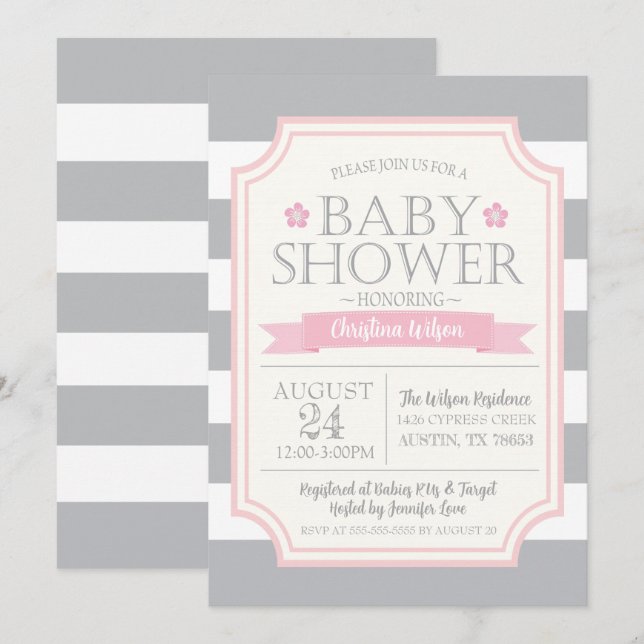 Grey & Pink Baby Shower Invitation (Front/Back)