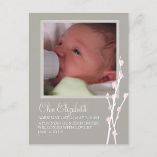 Grey & Pink Blossom Announcement 2 Postcard