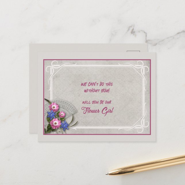 Grey Pink Blue Floral Bouquet Flower Girl Announcement Postcard (Front/Back In Situ)