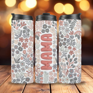 Grey Pink Boho Flowers 3D Effect Mama Thermal Tumbler