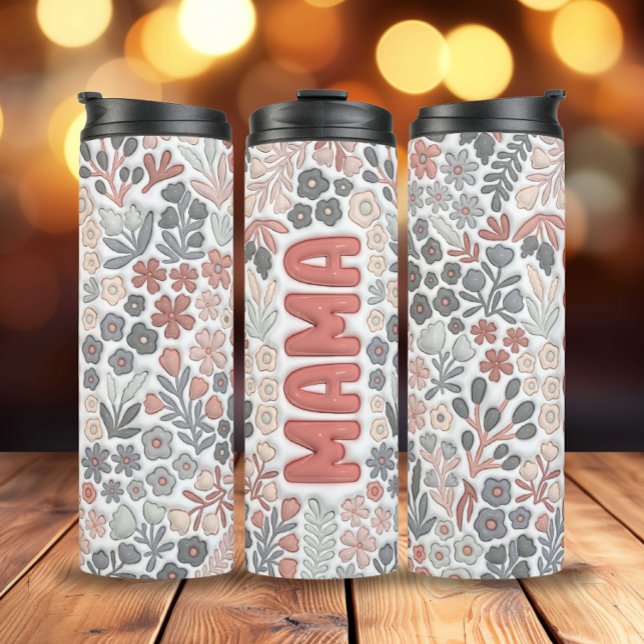 Grey Pink Boho Flowers 3D Effect Mama Thermal Tumbler (Pink Boho Flowers Mama Thermal Tumbler)