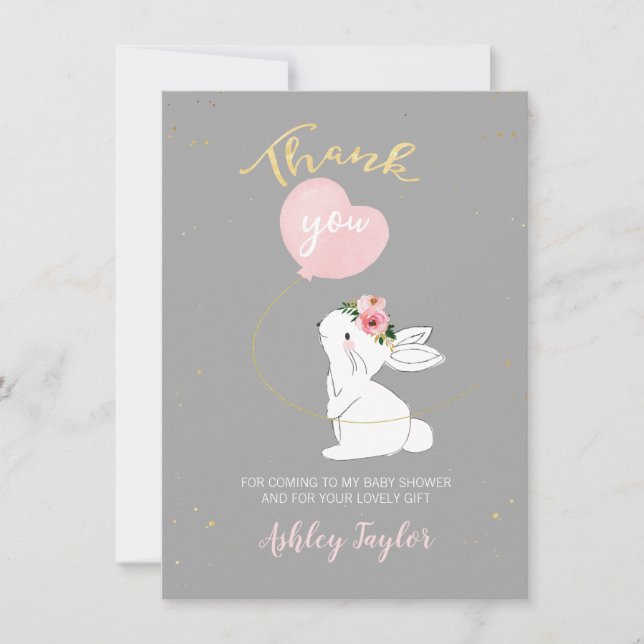 Grey Pink Bunny Thank You Card (Front)