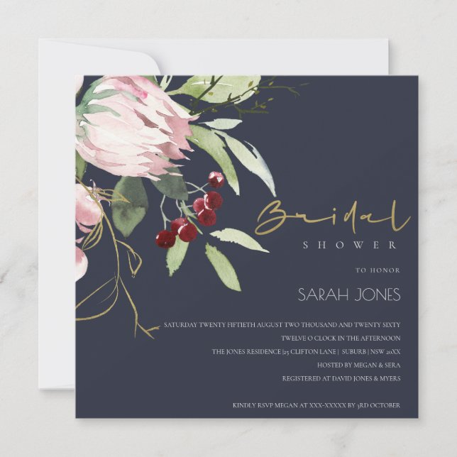 GREY PINK BURGUNDY PROTEA FLORAL BRIDAL SHOWER INVITATION (Front)