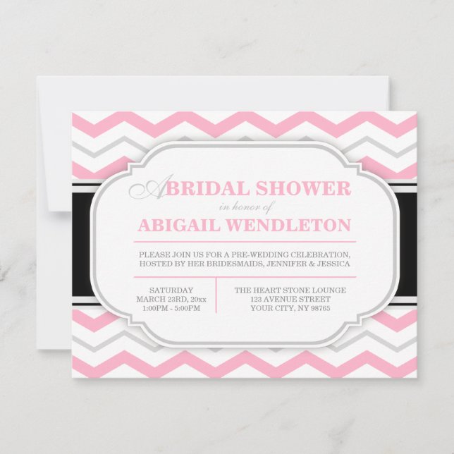 Grey & Pink Chevron Bridal Shower Invitations (Front)