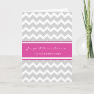 Grey Pink Chevron Just Married Announcement Card