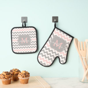 Grey Pink Chevron Monogram Potholder Set