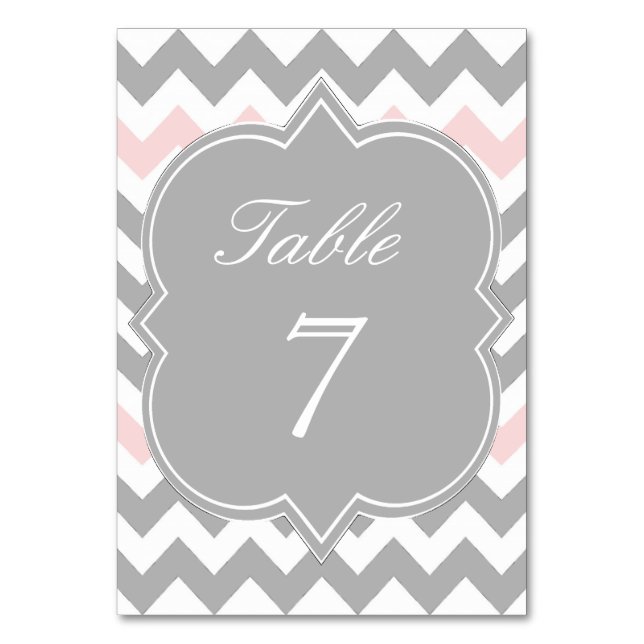 Grey Pink Chevron Table Number Card (Front)