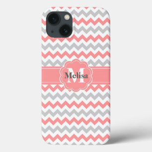 Grey pink chevron zigzag monogram pattern iPhone 13 case