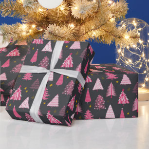 Grey & Pink Christmas Tree Pattern Wrapping Paper
