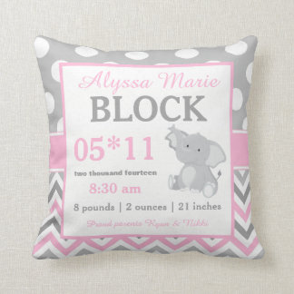 Grey Pink Elephant Baby Announcement Pillow
