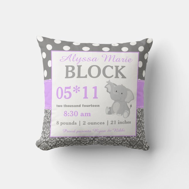 Grey Pink Elephant Baby Announcement Pillow (Front)