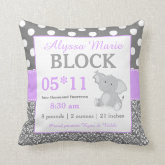 Grey Pink Elephant Baby Announcement Pillow