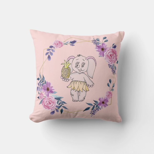 Grey Pink Elephant Girl Modern Baby for Kids Cushion (Front)