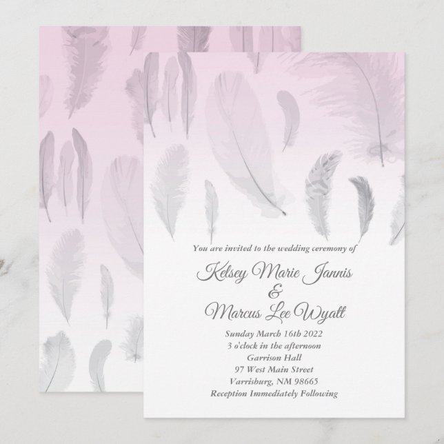 Grey Pink Feather Wedding Invitation (Front/Back)