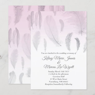 Grey Pink Feather Wedding Invitation