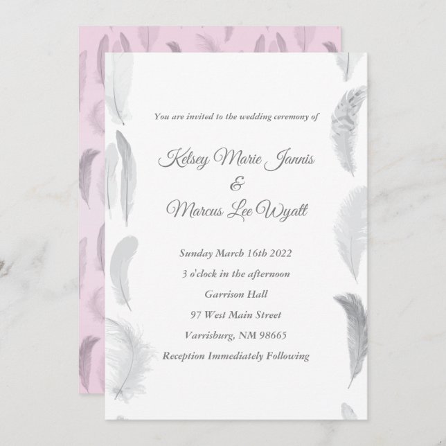 Grey Pink Feather Wedding Invitation (Front/Back)