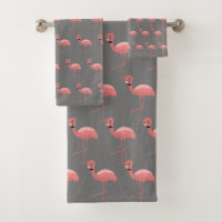 GREY PINK FLAMINGO PATTERN BATHROOM TOWEL SET