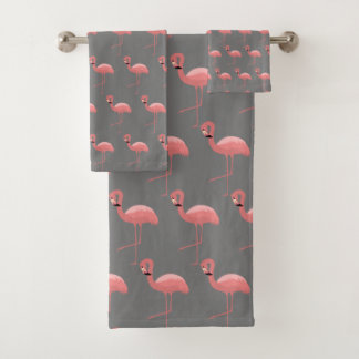 GREY PINK FLAMINGO PATTERN BATHROOM TOWEL SET