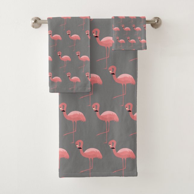 GREY PINK FLAMINGO PATTERN BATHROOM TOWEL SET (Insitu)