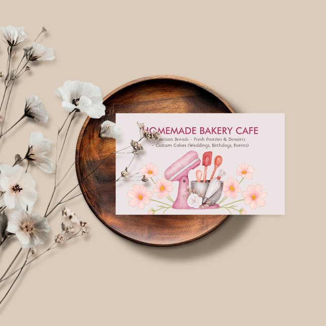 Grey Pink Floral Baking & Cooking Utensil Ba Business Card (Creator Uploaded)