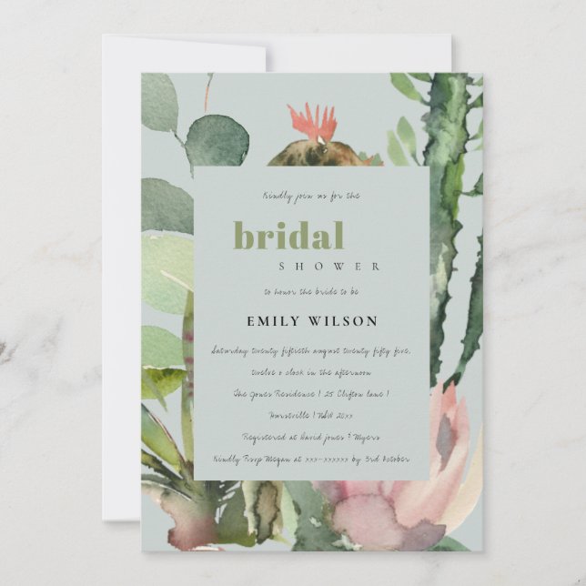GREY PINK FLORAL CACTI FOLIAGE BRIDAL SHOWER INVITATION (Front)