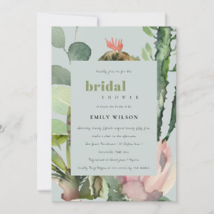 GREY PINK FLORAL CACTI FOLIAGE BRIDAL SHOWER INVITATION