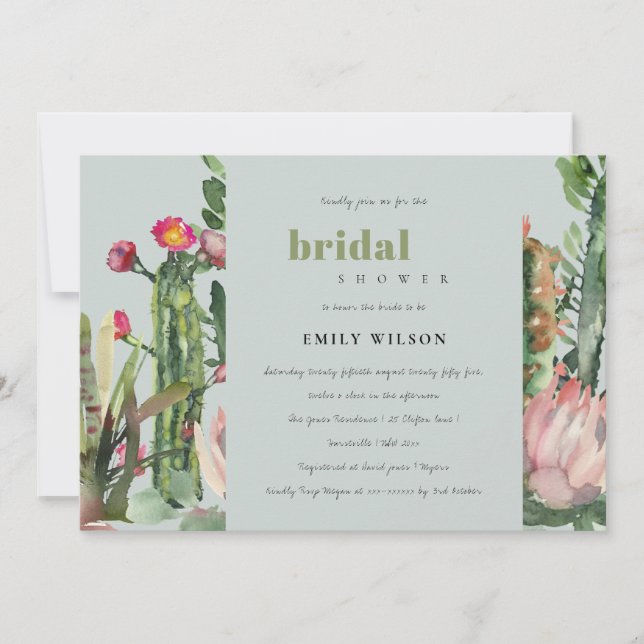 GREY PINK FLORAL CACTI FOLIAGE BRIDAL SHOWER INVITATION (Front)