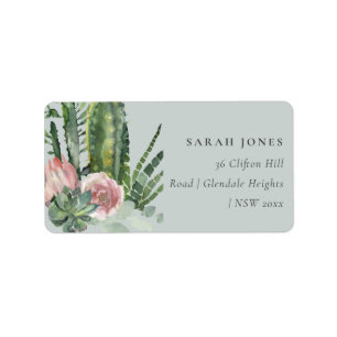 GREY PINK FLORAL CACTI FOLIAGE WATERCOLOR ADDRESS LABEL