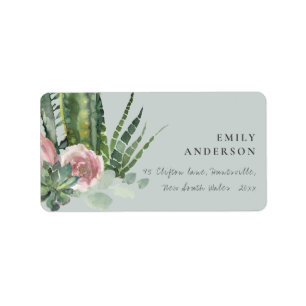 GREY PINK FLORAL CACTI FOLIAGE WATERCOLOR ADDRESS LABEL