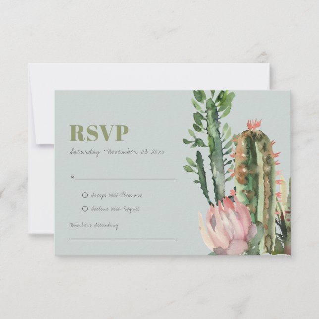 GREY PINK FLORAL CACTI FOLIAGE WATERCOLOR RSVP (Front)