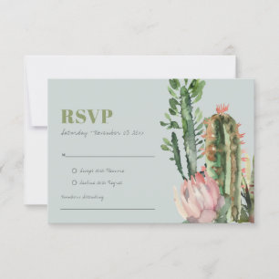 GREY PINK FLORAL CACTI FOLIAGE WATERCOLOR RSVP CARD