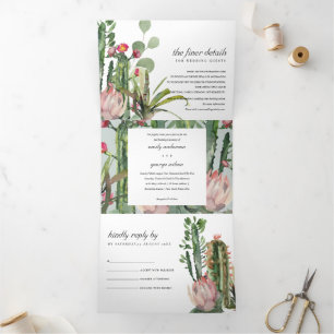 GREY PINK FLORAL CACTI FOLIAGE WATERCOLOR WEDDING Tri-Fold INVITATION